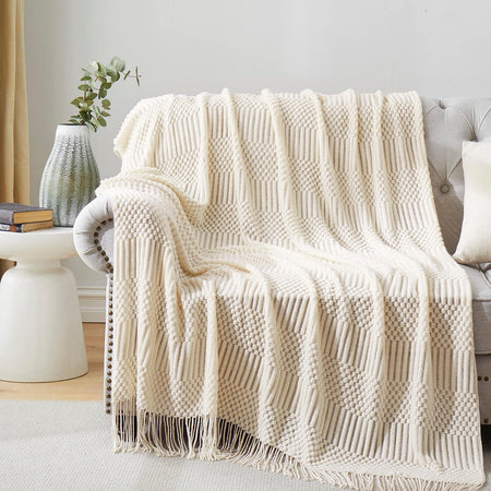 Off White Knitted Throw Blankets for Couch, Decorative Knitted Blankets with Tassel,50"x60"