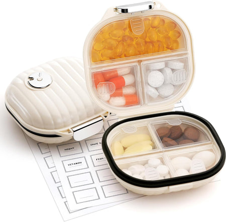 Pill Case Portable Small Weekly Travel Pill Organizer, Cute Moisture Proof Pill Box Holder, Beige/Small
