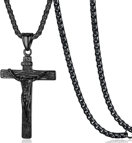 Jesus Christ on INRI Crucifix Cross Pendant Necklace for Teens Womens Mens with 24 Inch Stainless Steel Chain, Black