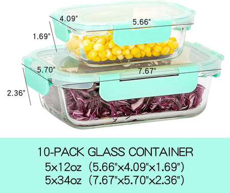 10 Pack Glass Food Storage Containers with Lids Leakproof, Airtight Glass Meal Prep Containers For Lunch, On The Go, Leftover, Dishwasher Safe, Mint