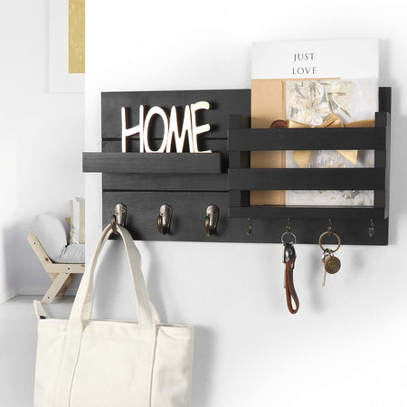 Mail Organizer for Wall Mount – Key Holder with Shelf includes Letter Holder and Hooks with Flush Mounting Hardware (16.5” x 8.7” x 3.5”) Black