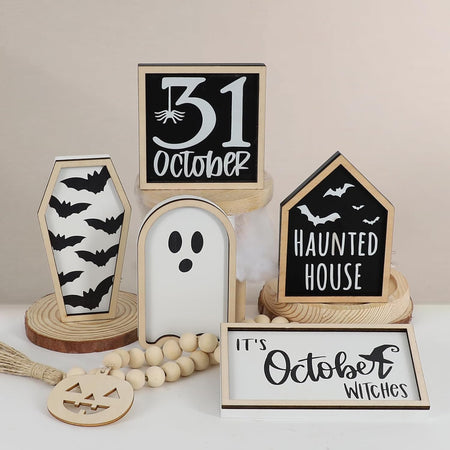 6 PCS Halloween Tiered Tray Decor | Bat Coffin, Haunted House, Ghost, Witches, October 31 Sign, Bead Garland
