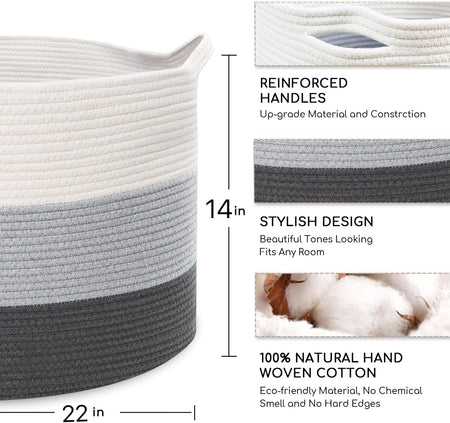 Large Cotton Woven Basket,22"x22"x14" Rope Basket