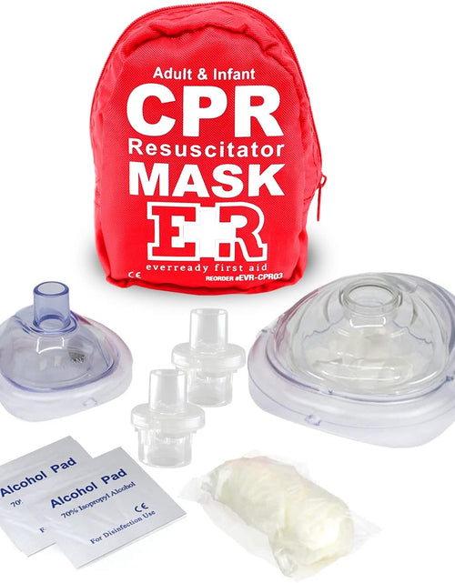 Load image into Gallery viewer, First Aid Adult and Infant CPR Mask Combo Kit with 2 Valves with Pair of Vinyl Gloves
