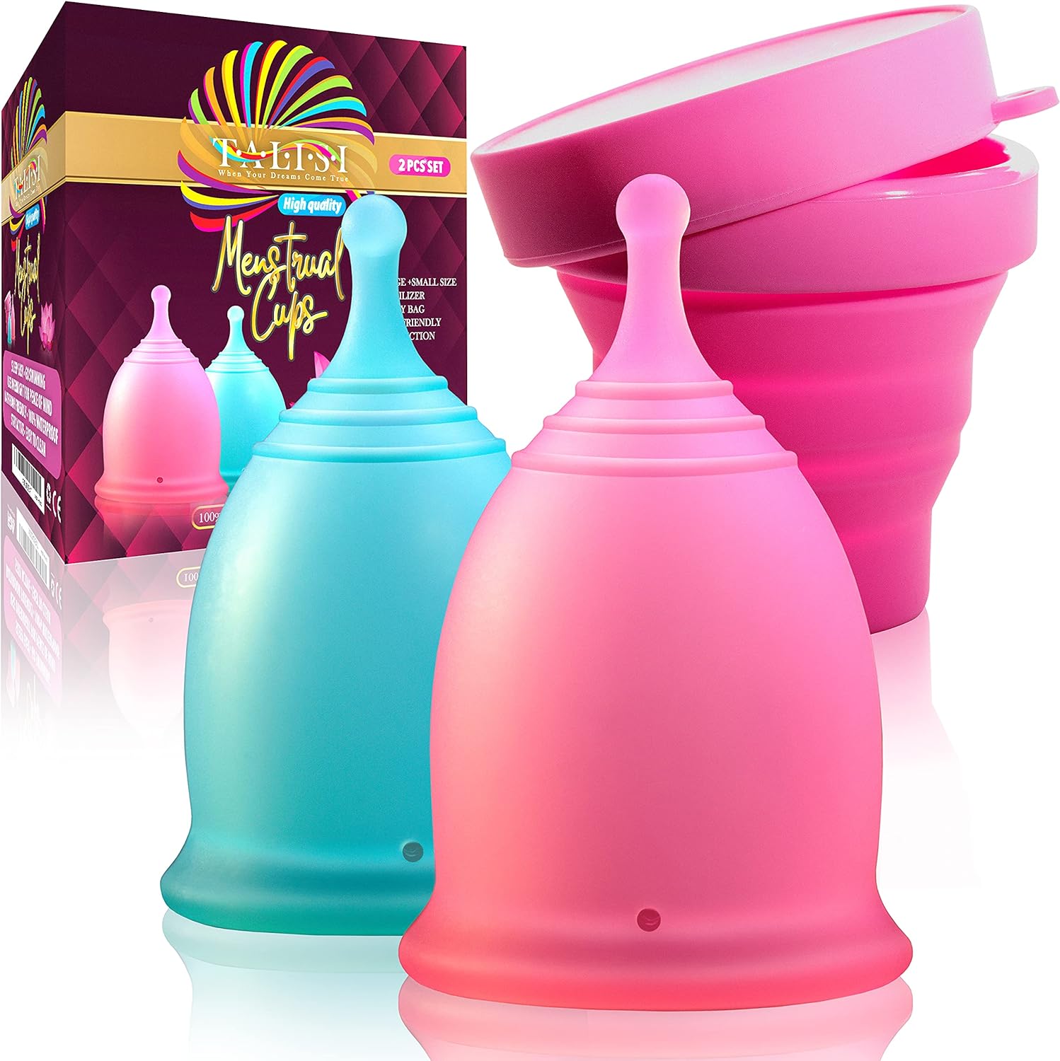 Menstrual Cups Set of 2 with Collapsible Silicone Foldable Sterilizing Cup, Large and Small, Round Steam