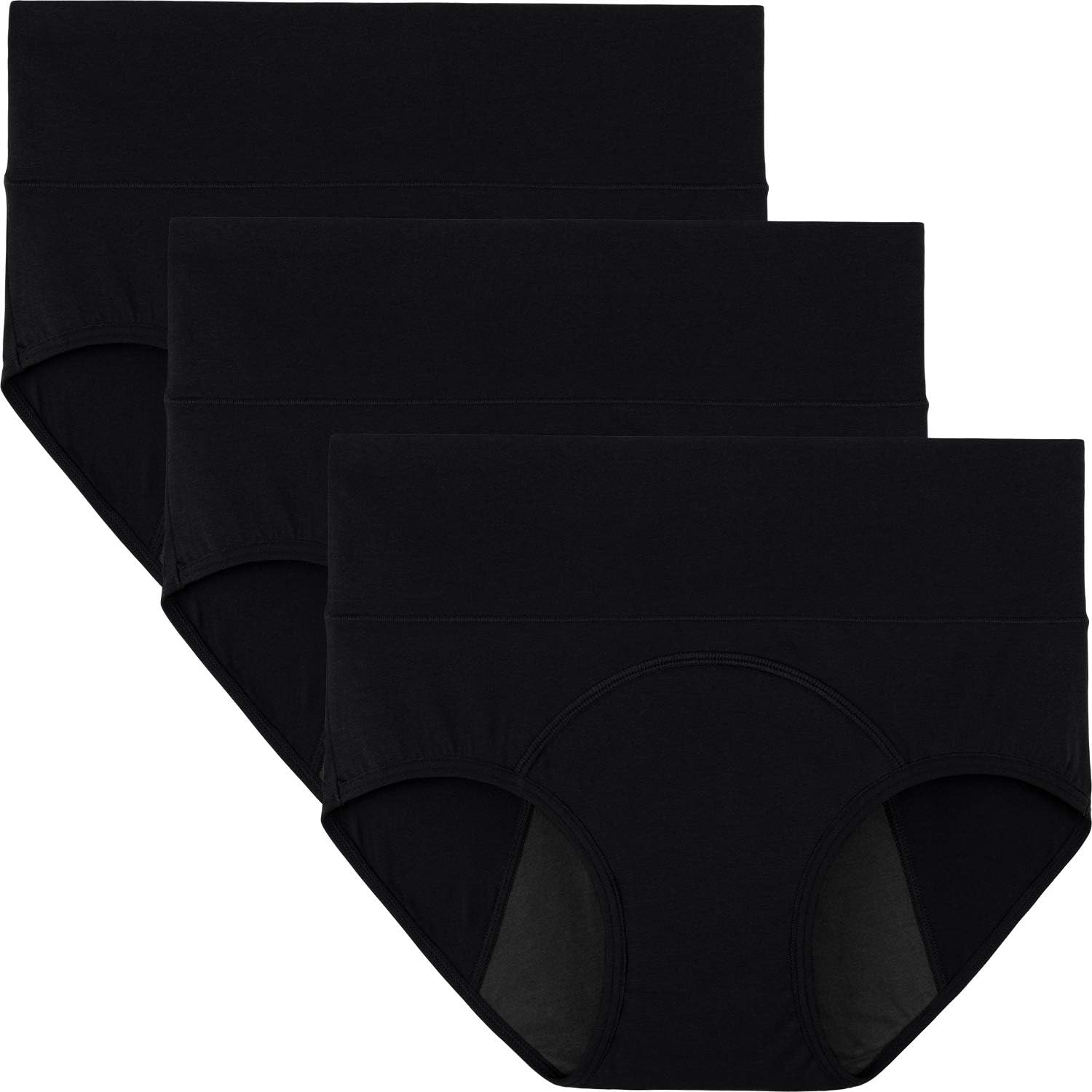 Women's Period Underwear High Waisted Postpartum Menstrual Panties 3 Pack, Black with Dark Lining