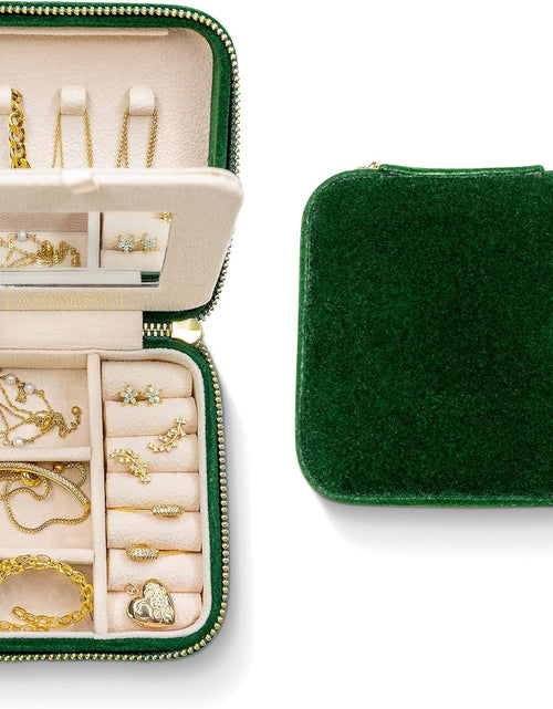 Load image into Gallery viewer, Plush Velvet Jewelry Box | Travel Jewelry Case Organizer with Mirror, Emerald

