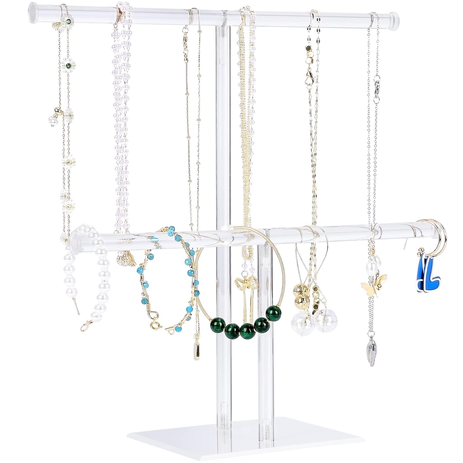 Acrylic Jewelry Stand Necklace Holder, Clear 2-Tier Tower Stand for Bangles, Necklaces, Bracelets