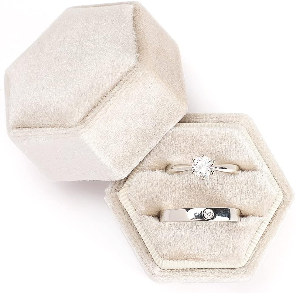 Hexagon Premium Gorgeous Vintage Double Ring Gift Box with Detachable Lid, Beige