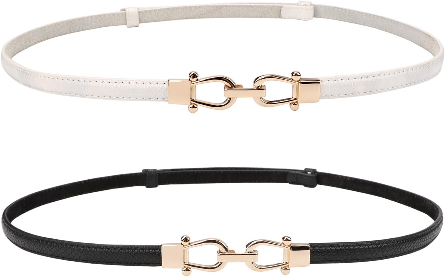 Leather Skinny Women Belt Thin Waist Belts for Dresses up to 37 Inches with Golden Buckle, 2 Pack