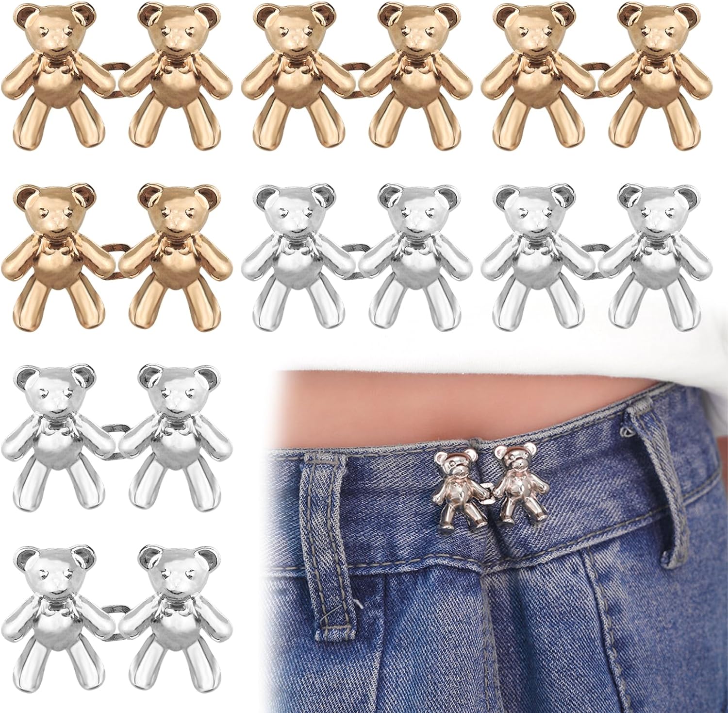 8 Pairs Cute Bear Jeans Button Pins for Clothing Pants No Sewing Detachable Waist Body Fit (Gold+Silver)