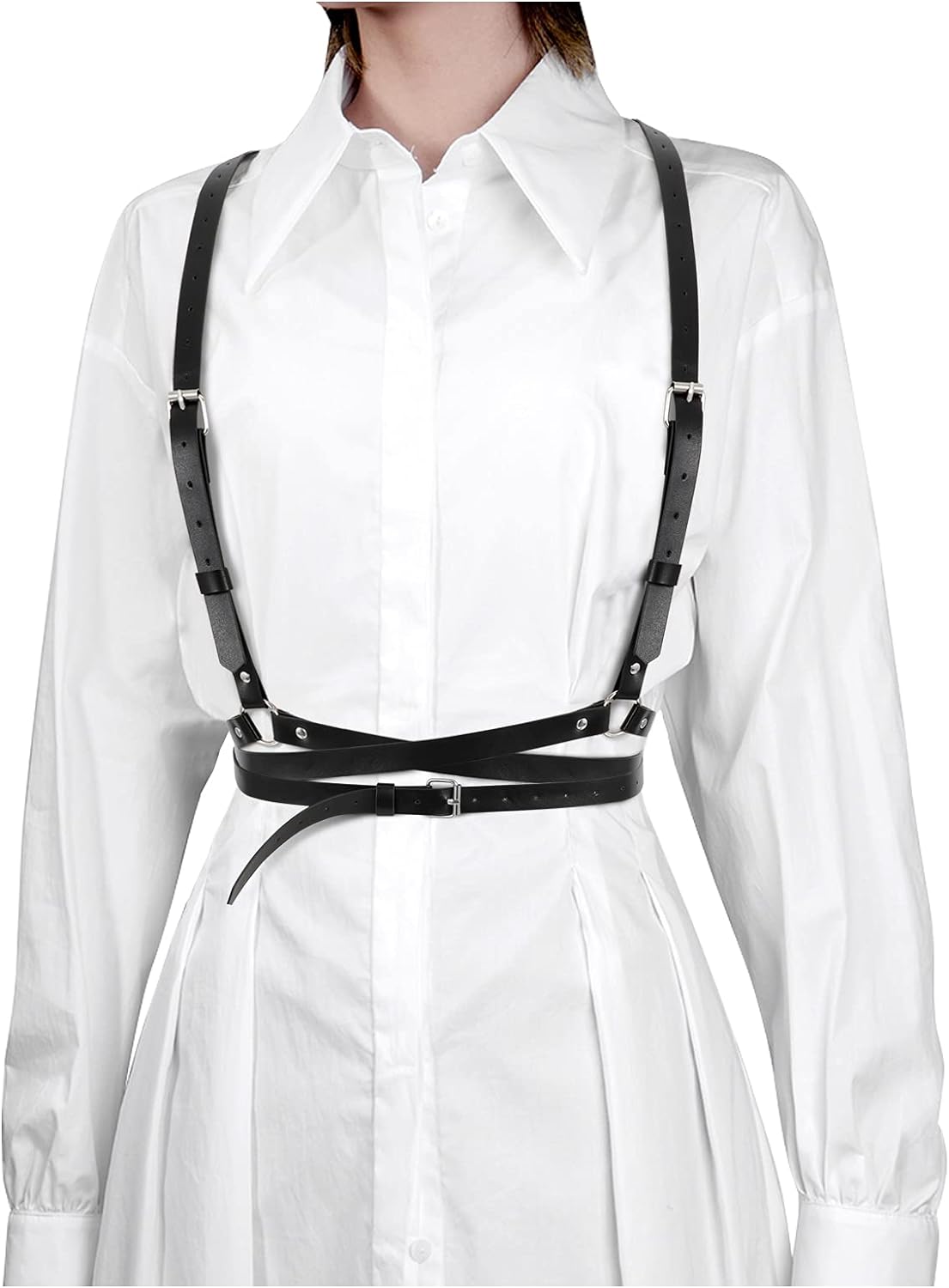 Punk Waist Belt Women PU Leather Skinny Body Adjustable Belts with Gothic Circle, Black