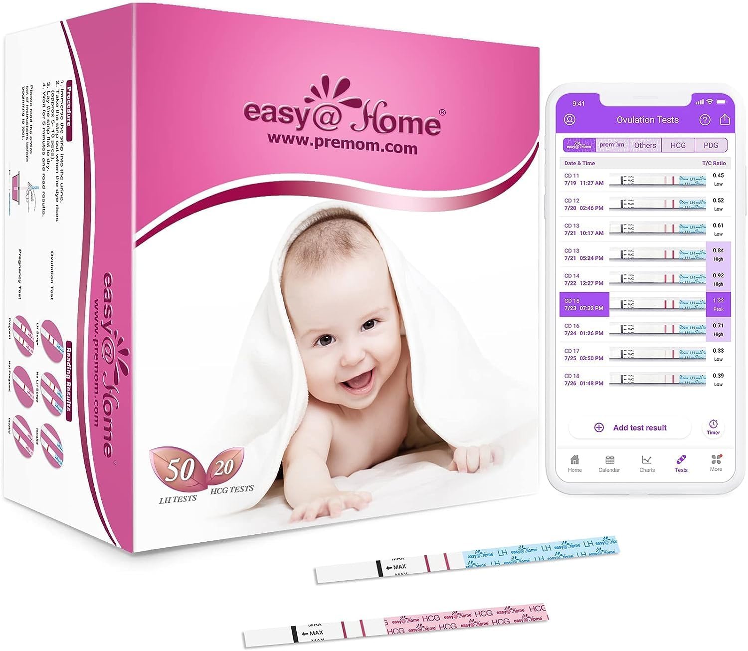 50 Ovulation Test Strips and 20 Pregnancy Test Strips Combo Kit, (50 LH + 20 HCG)-Package May Vary