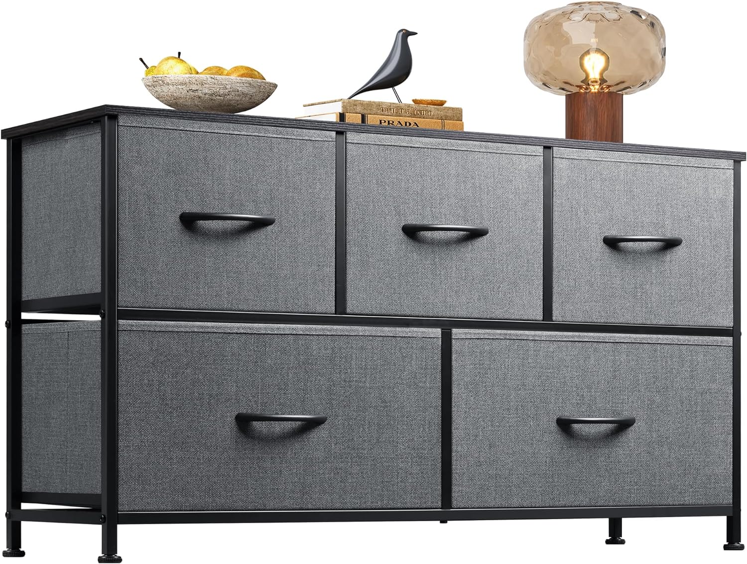 Dresser for Bedroom with 5 Drawers, Organizer Unit with Fabric Bins for Closet, Living Room, Hallway, Dark Grey