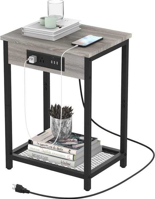 Load image into Gallery viewer, Grey Nightstand with Charging Station Small Bedside Nigh Stand Table with USB Ports, Grey
