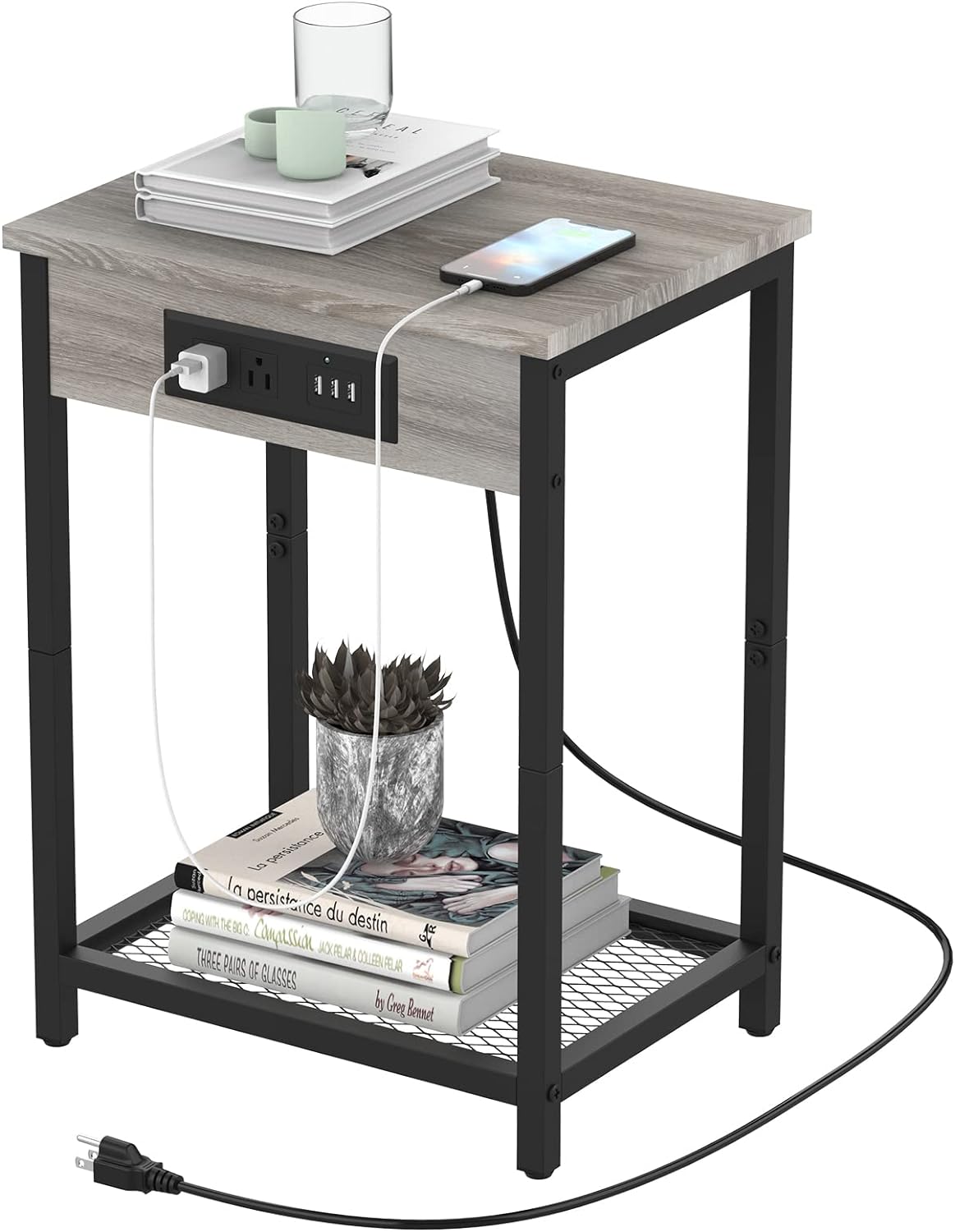 Grey Nightstand with Charging Station Small Bedside Nigh Stand Table with USB Ports, Grey