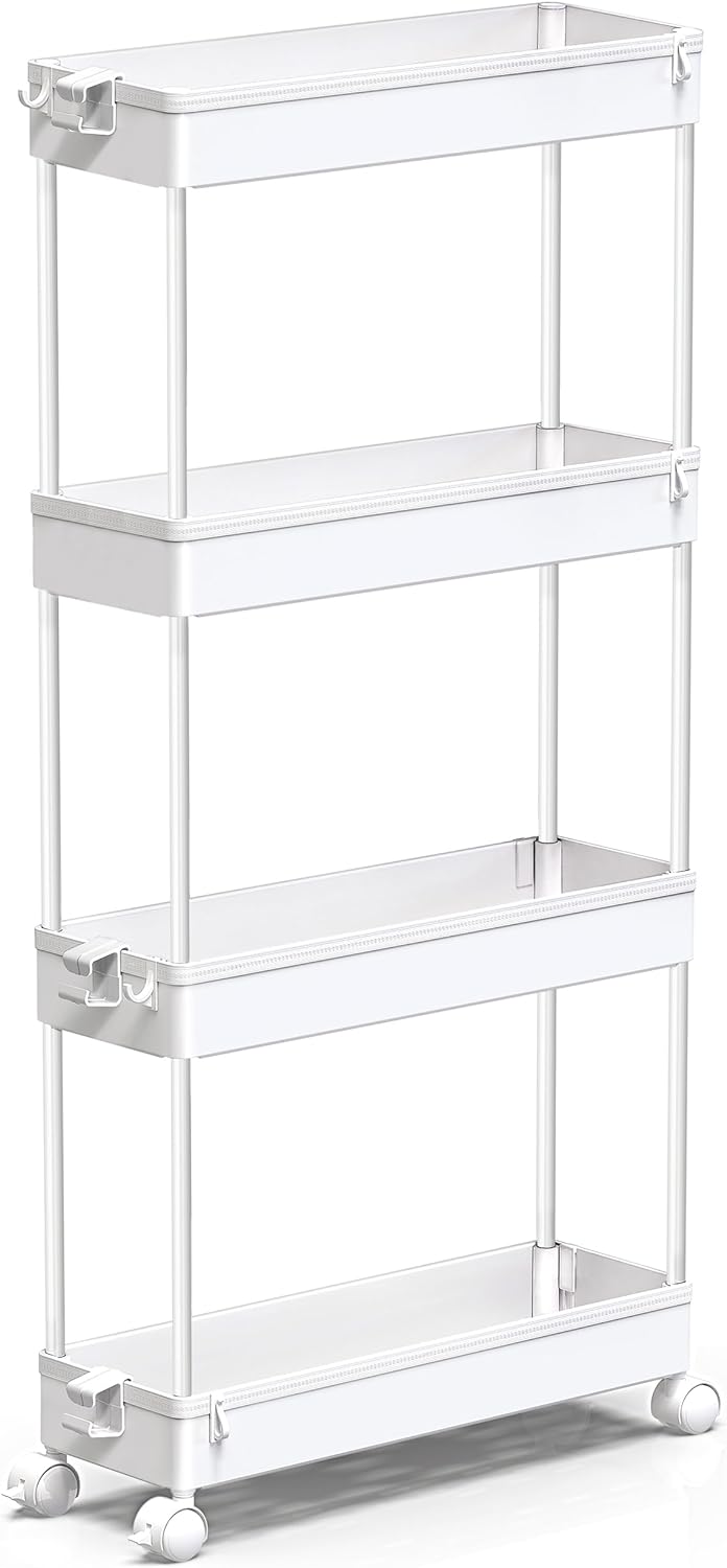 Slim Rolling Storage Cart 4 Tier Bathroom Organizer Mobile Shelving Unit Utility Cart, White