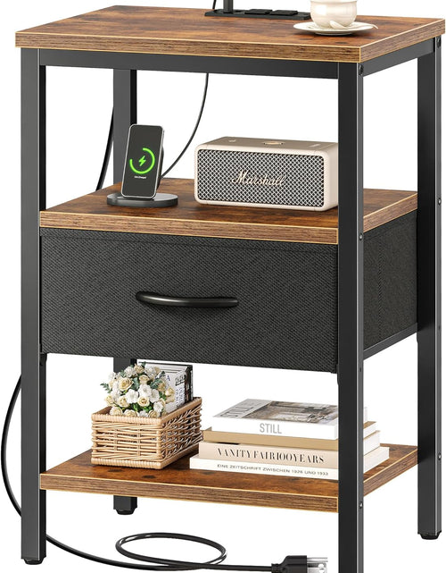 Load image into Gallery viewer, Nightstand with Charging Station, Bed Side Table with Adjustable Fabric Drawer, 3-Tier Storage End Table,
