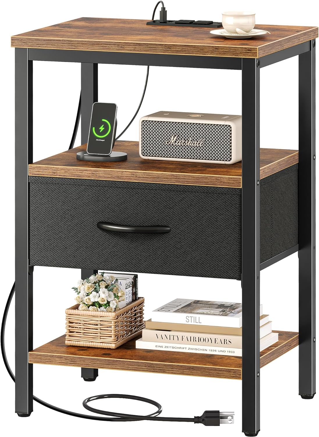 Nightstand with Charging Station, Bed Side Table with Adjustable Fabric Drawer, 3-Tier Storage End Table,