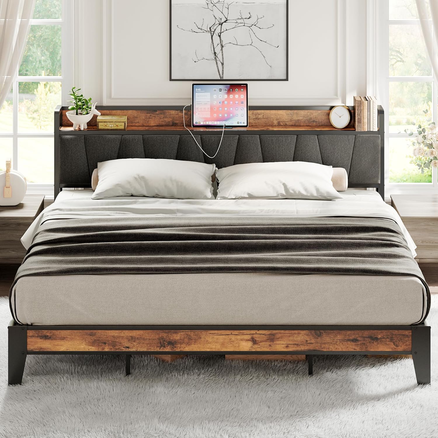 King Size Bed Frame, Storage Headboard with Charging Station, Solid and Stable, Easy Assembly