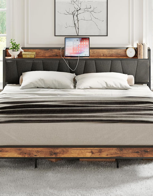 Load image into Gallery viewer, King Size Bed Frame, Storage Headboard with Charging Station, Solid and Stable, Easy Assembly
