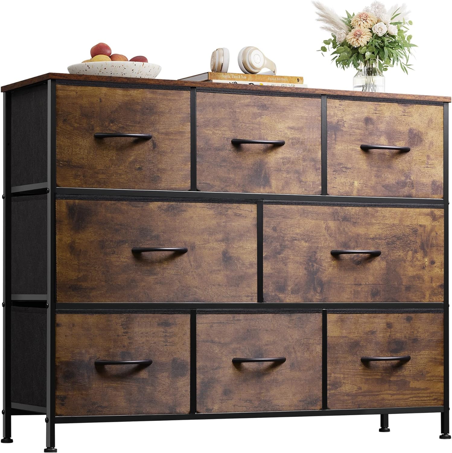 Fabric Dresser for Bedroom - Storage Drawer Unit as TV Stand for 32-43 inch TVs - Wide Dresser with 8 Large Deep Drawers