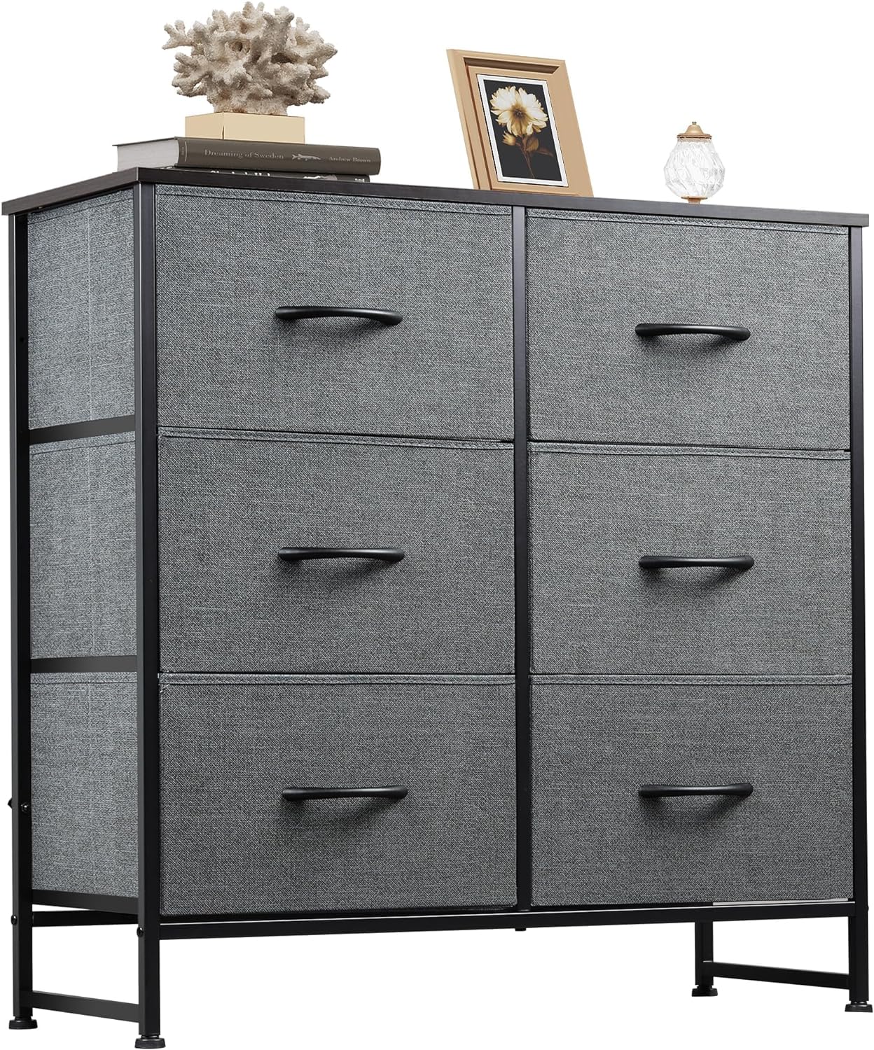 6 Drawer Double Dresser, Storage Tower with Fabric Bins, Dark Grey