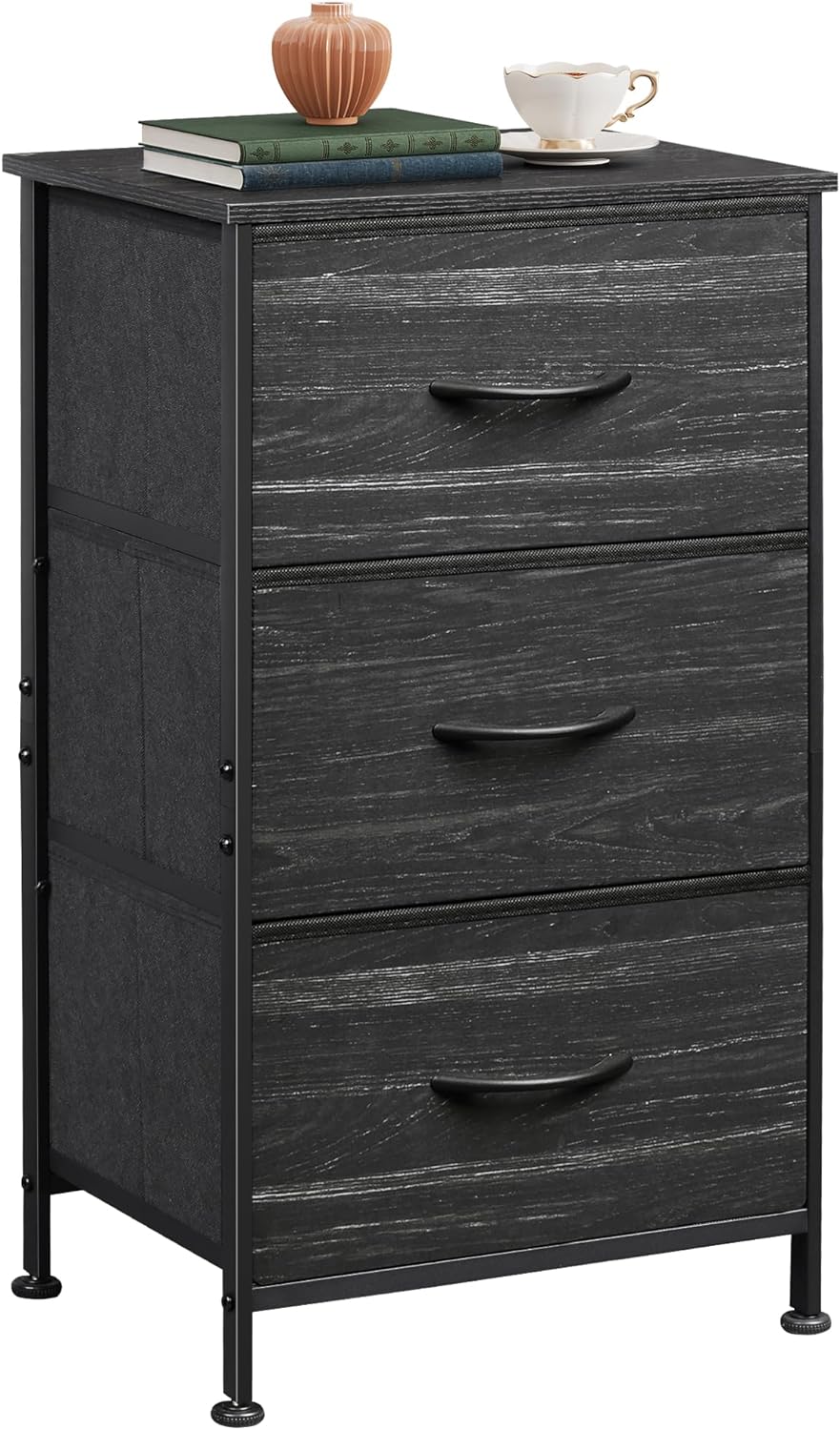 Nightstand with 3 Drawers, Fabric Dresser, Organizer Unit, Charcoal Black Wood Grain Print