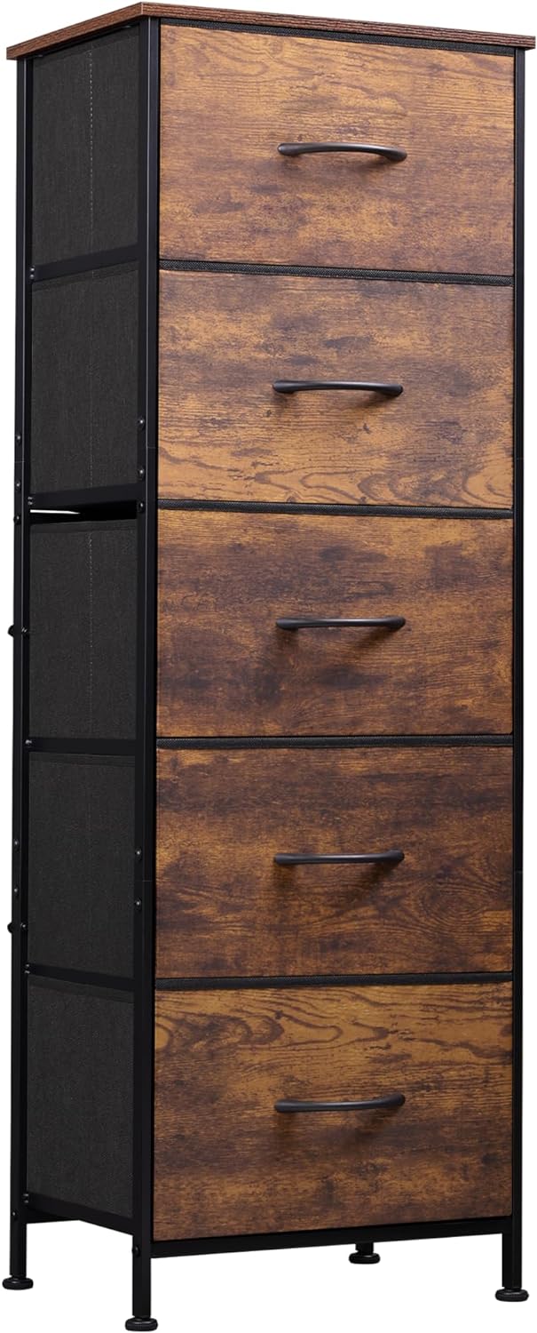 5-Drawer Tall Dresser for Bedroom, Storage Dresser Organizer with Fabric Bins, Rustic Brown