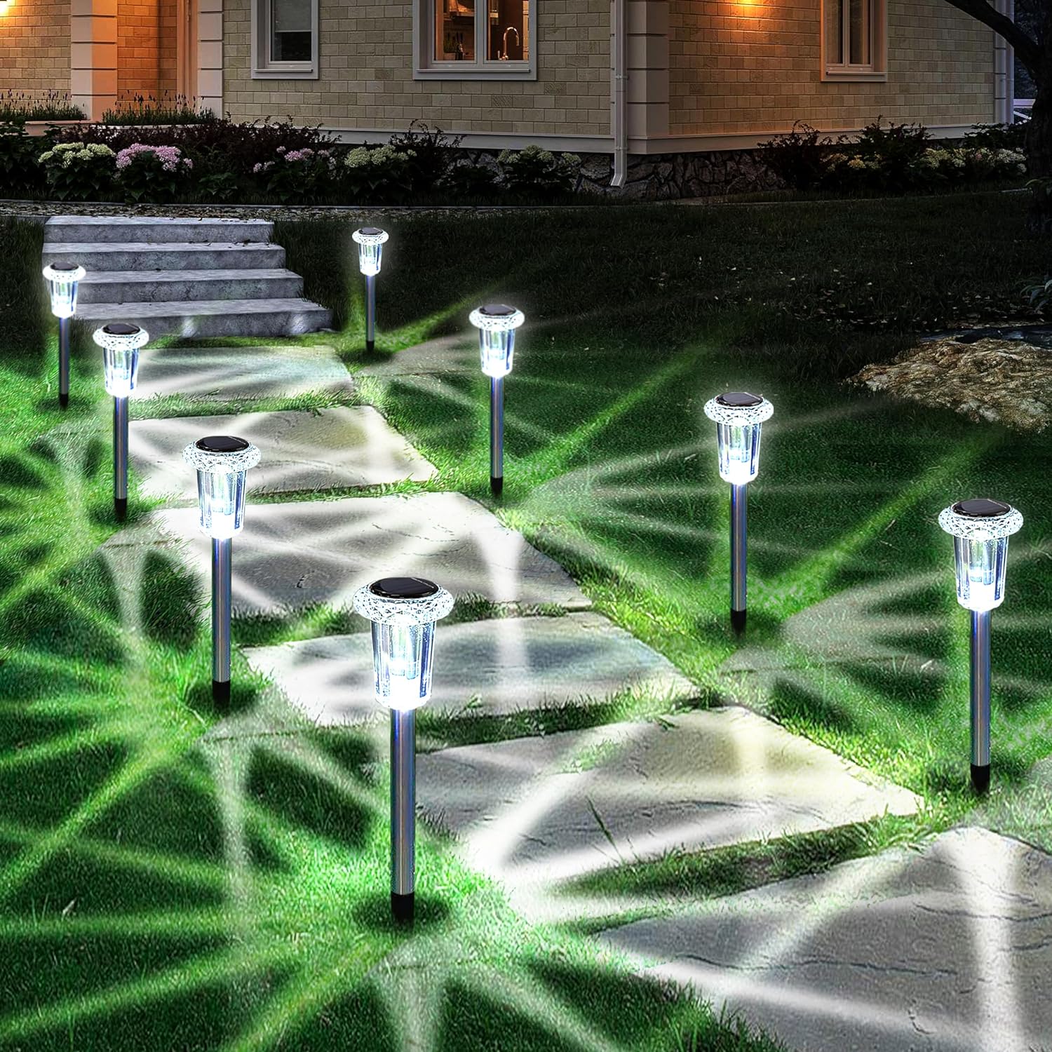 10 Pack Waterproof Stainless Steel Solar Stake Lights for Pathway Garden Driveway Lawn Decor - Cool White