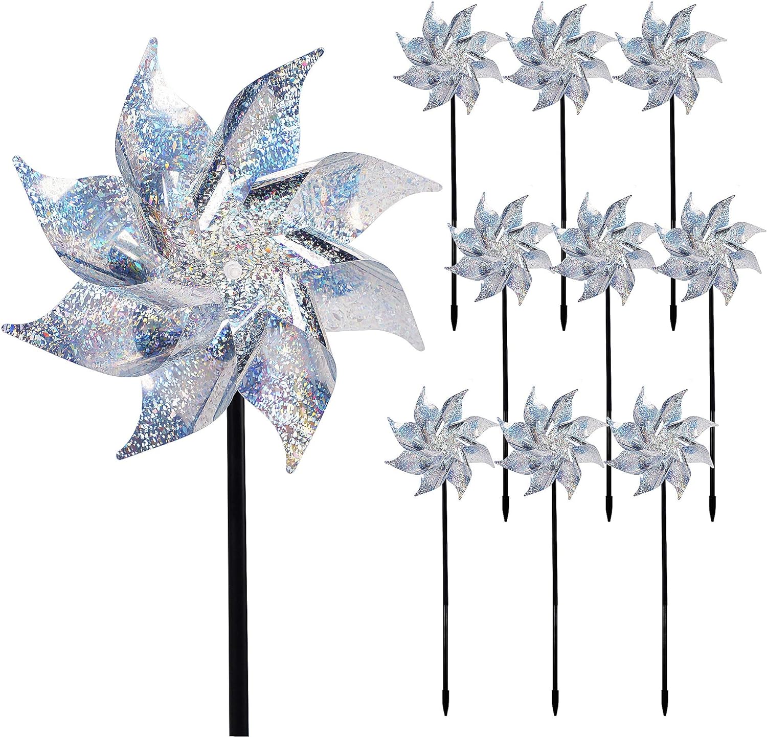 10 Pack Reflective Pinwheels with Stakes, Extra Sparkly Pinwheel for Garden Decor