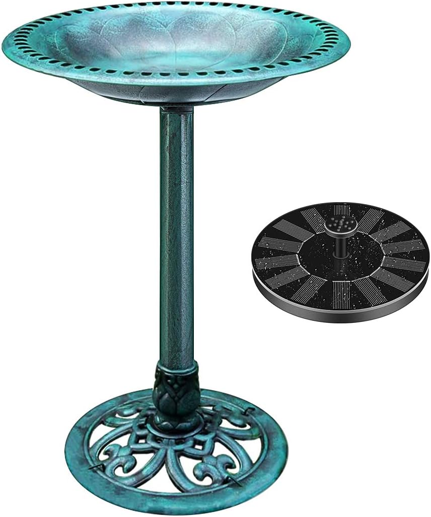 Polyresin Antique Outdoor Green Garden Bird Bath and Solar Powered Round Pond Fountain Combo Set,Green