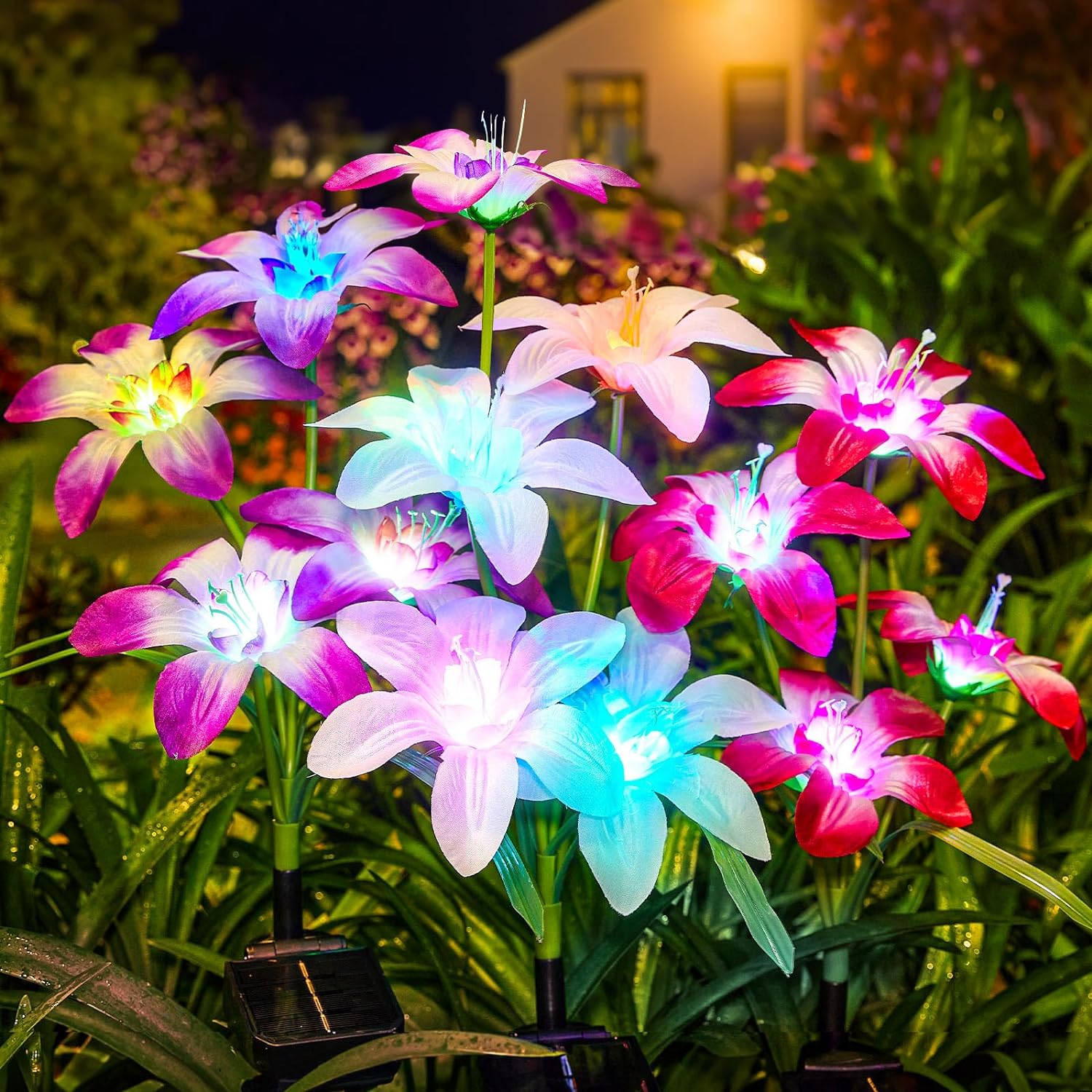 6 PACK Solar Lights Outdoor Garden, Upgraded Solar Garden Lights with 24 Enlarged Blooming Lily Flowers