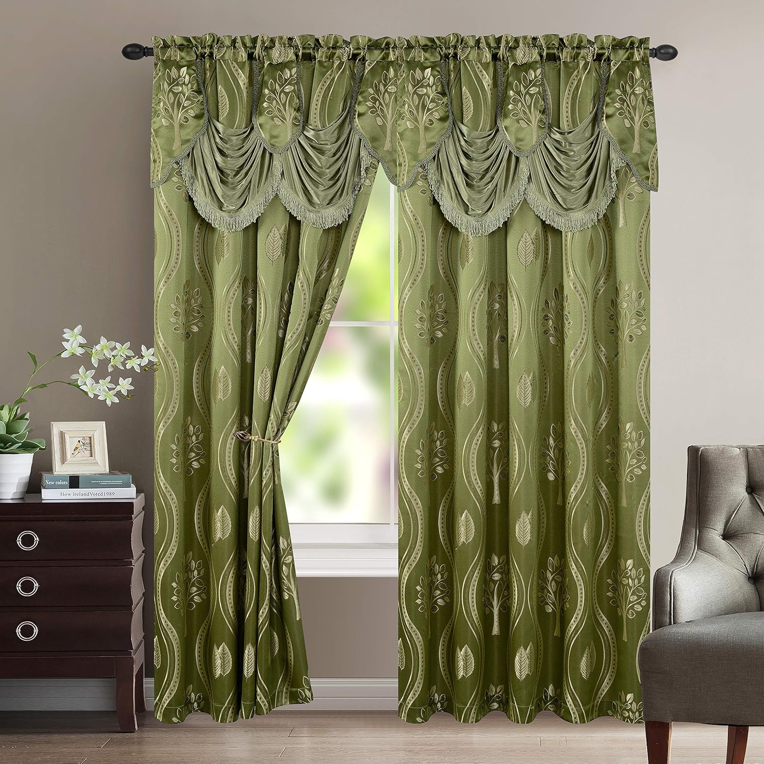 Jacquard Look Curtain Panel Set with Attached Valance 54" X 84 inch (Set of 2), Sage