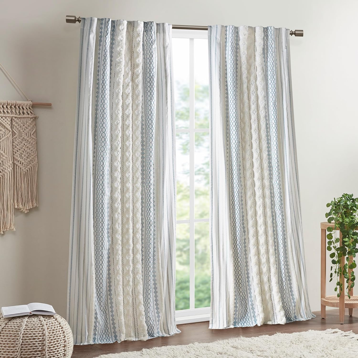 Boho Curtains for Bedroom SINGLE PANEL Window Curtains, 50x84 White/Navy