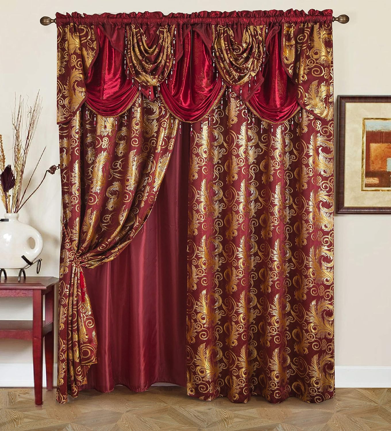 Jacquard Luxury Window 1 Panel Set Burgundy Curtain with Attached Valance and Backing , 110x84 inches Each