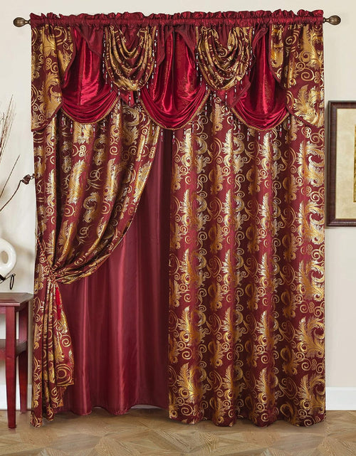 Load image into Gallery viewer, Jacquard Luxury Window 1 Panel Set Burgundy Curtain with Attached Valance and Backing , 110x84 inches Each
