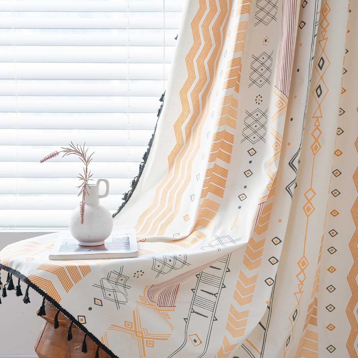 2 Panels 84 inch Semi Blackout Living Room Darkening Curtains, Geometric Tribal Cotton Linen