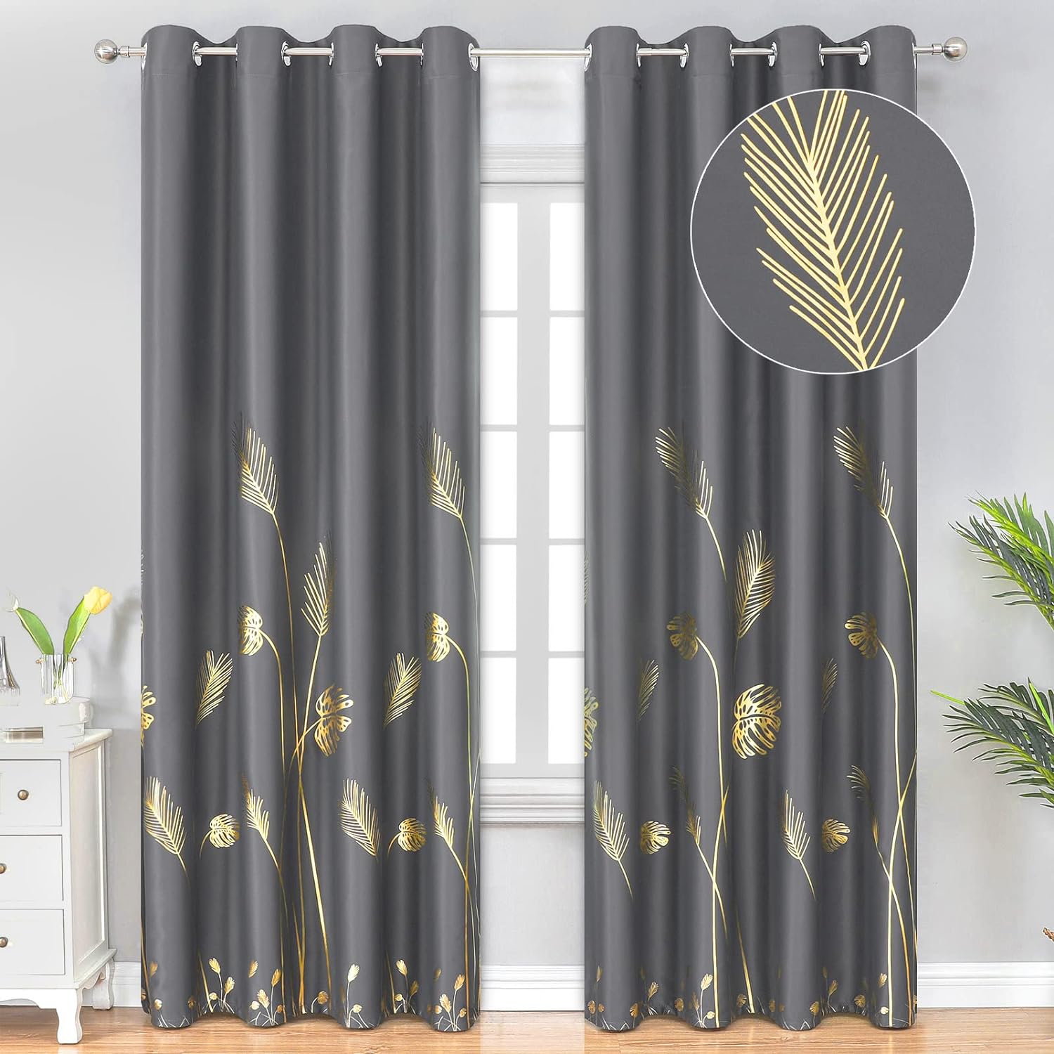 Dark Grey Blackout Curtains & Drapes 84 Inch Length 2 Panels Set for Living Room, Thermal Insulated Room Darkening Gold