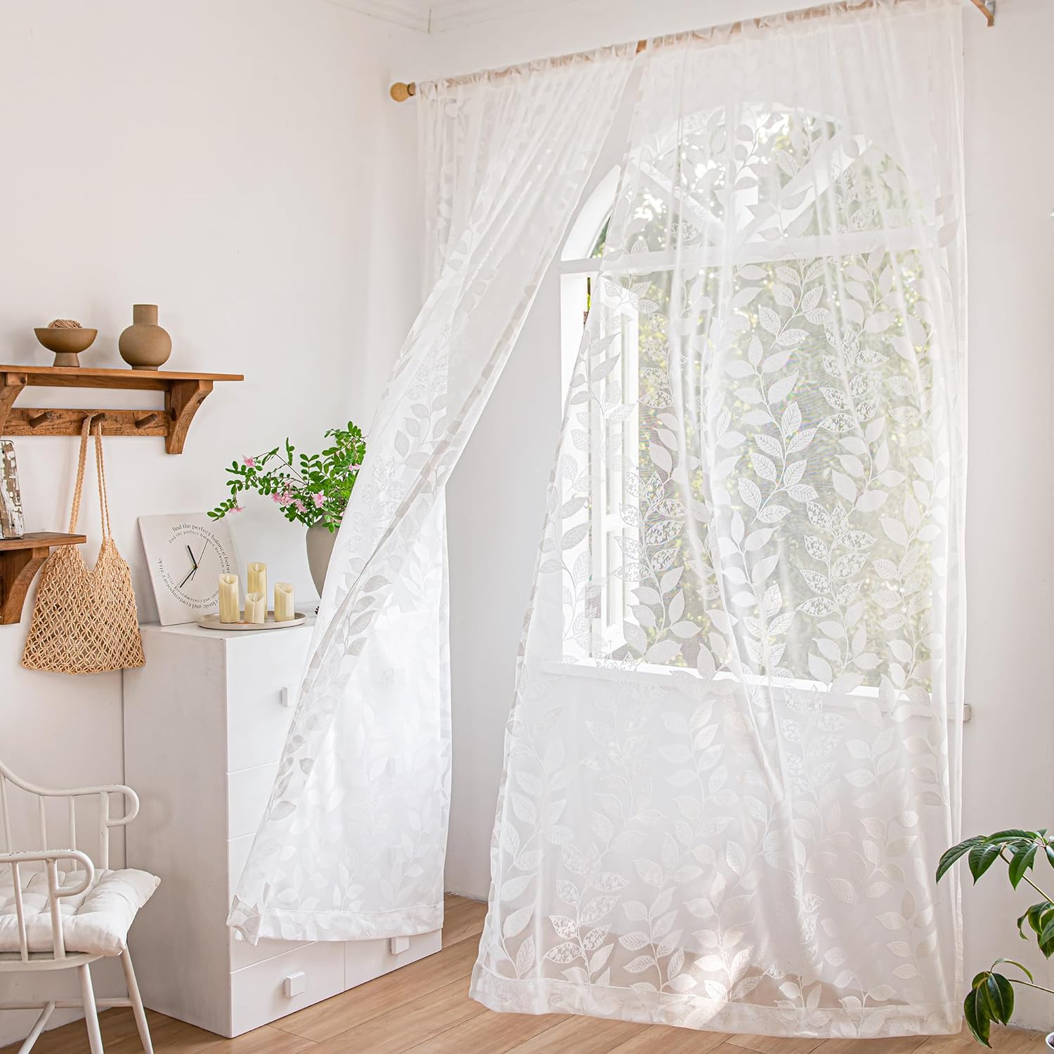 White Lace Sheer Curtains 63inch Vintage Leaf Knitted Window Curtain Drapes, 54" W,  2 Panels
