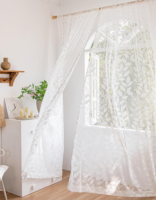 Load image into Gallery viewer, White Lace Sheer Curtains 63inch Vintage Leaf Knitted Window Curtain Drapes, 54&quot; W,  2 Panels
