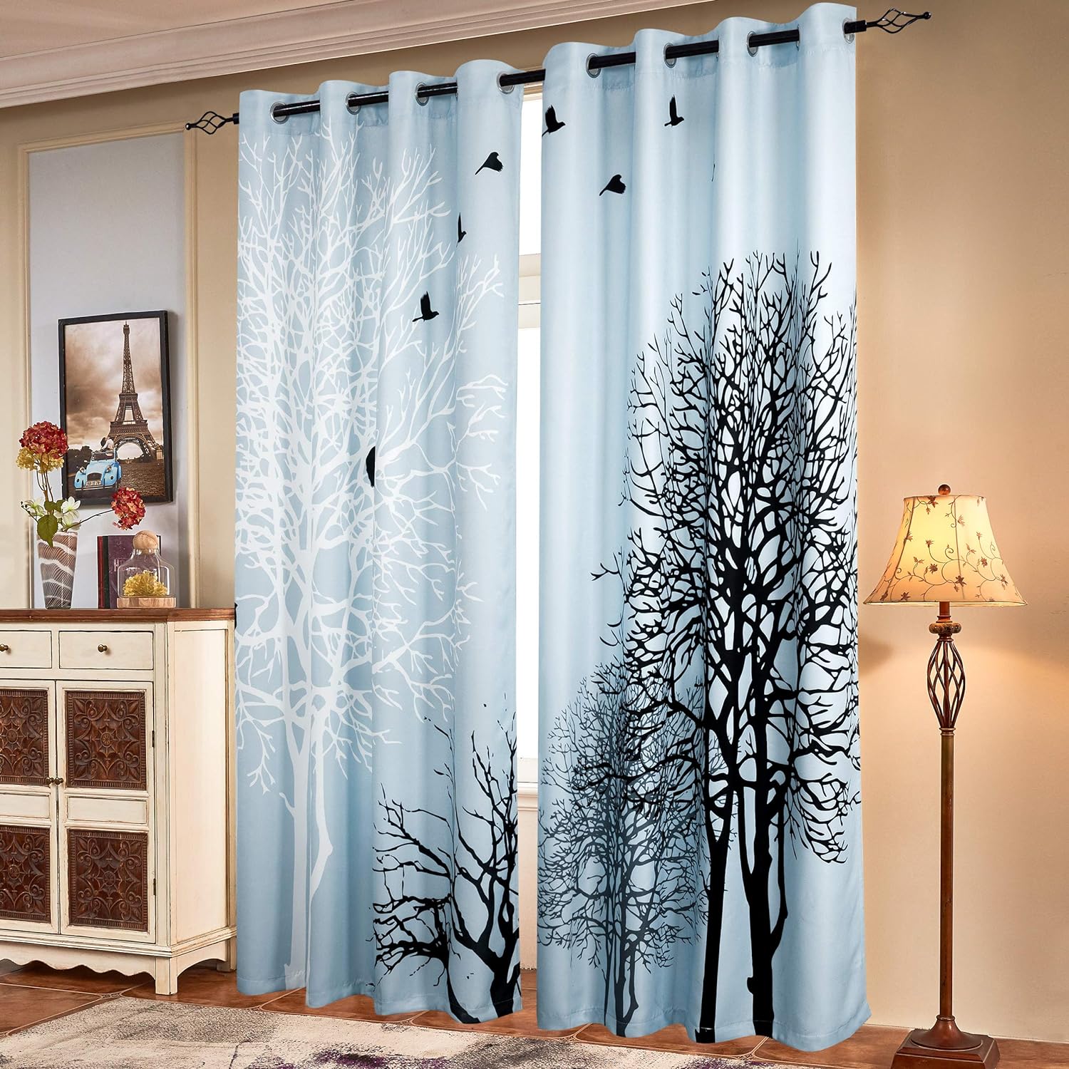 Printed Curtains Room Darkening for Bedroom Living Room, Colorful Window Drapes 2 Panel Set (52'' x 63'', Light Blue)