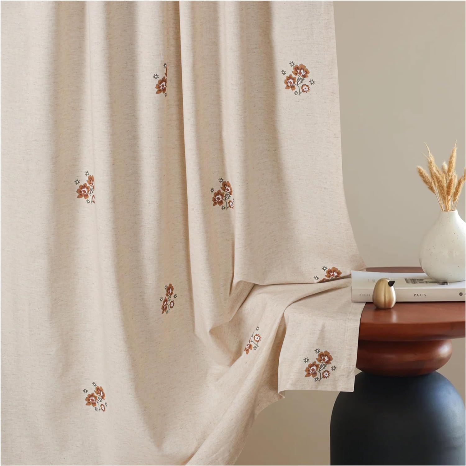 Bedding Craft Linen Curtains Drapes, Flower Print Linen Curtains, 1 Piece, Natural Brown White 50 x 84 inches)