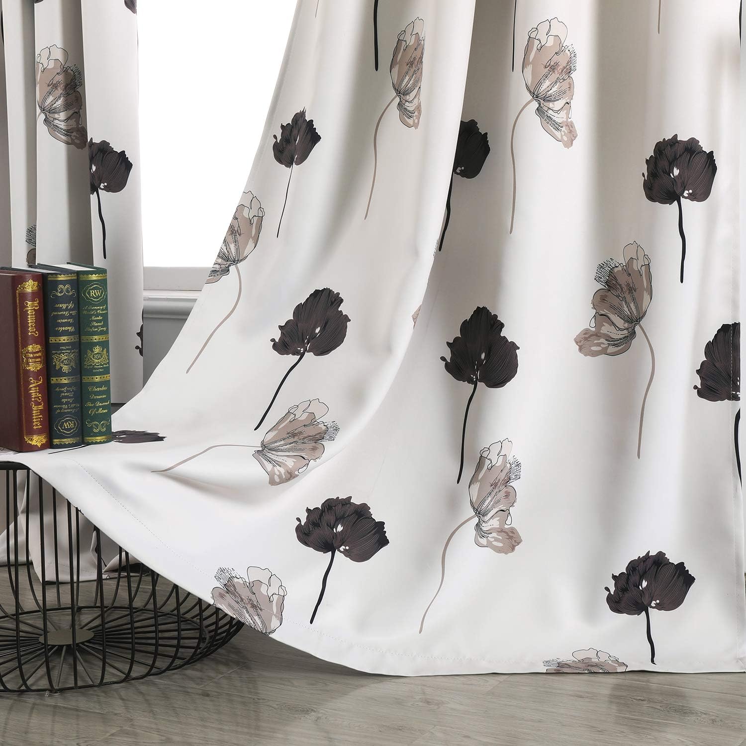 Home Floral Print Thermal Insulated Bedroom Heat Absorbing Room Darkening Curtain Grommet Panels, Set of 2, 52 W x 95 L, Black/Grey/Brown
