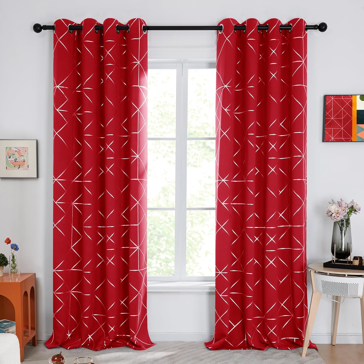 Curtains for Home Decoration, Blackout Curtains 84 Inches, Set of 2, Silver Geometric Patterned  52W x 84L, True Red