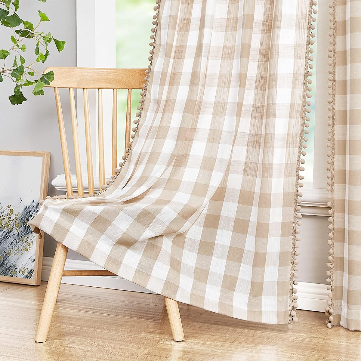 Pompom Buffalo Check Curtains Taupe and White Plaid Window Treatment Set 95 inch Rustic Farmhouse Curtain Drapes