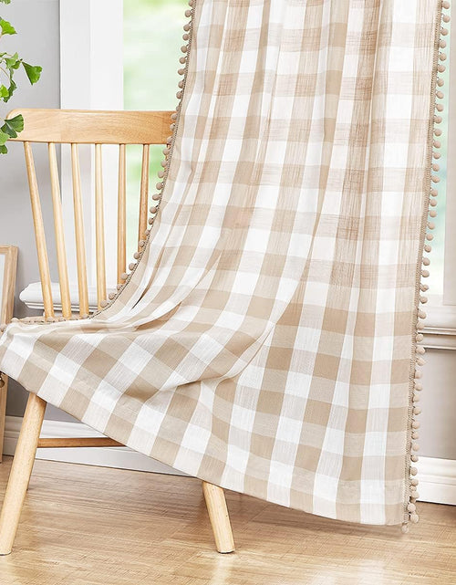Load image into Gallery viewer, Pompom Buffalo Check Curtains Taupe and White Plaid Window Treatment Set 95 inch Rustic Farmhouse Curtain Drapes
