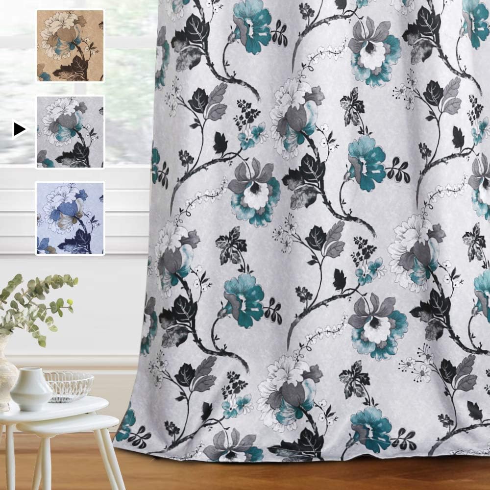 Blackout Curtains for Bedroom/Living Room Thermal Insulated Printed Curtain Drapes 63 Inches Long  (2 Panels), Vintage Floral Grey & Teal