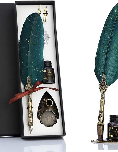 Load image into Gallery viewer, Feather Pen and Ink Set, Glittering Quill Pen Set Antique Calligraphy Dip Pen with Ink, Vintage Signature Pen (Green)
