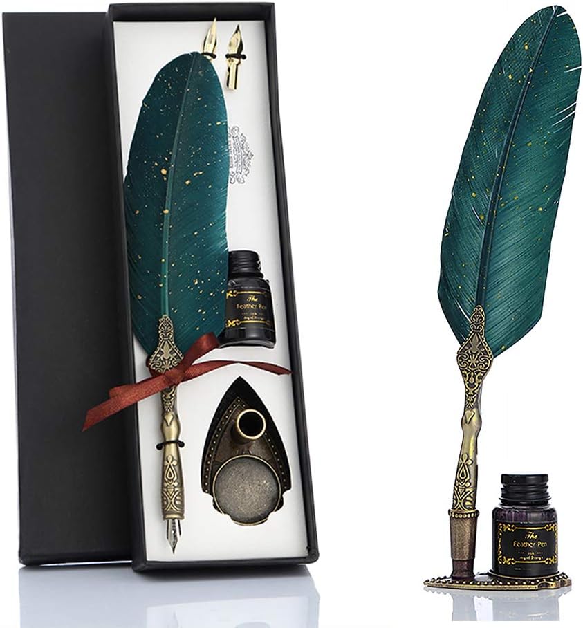 Feather Pen and Ink Set, Glittering Quill Pen Set Antique Calligraphy Dip Pen with Ink, Vintage Signature Pen (Green)